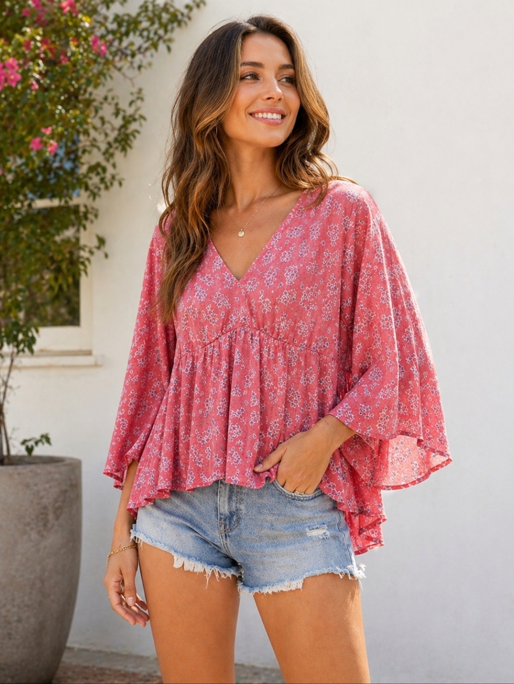 American Eagle Floral Babydoll Top Pink Boho Flowy V-Neck Ruffle Blouse Womens S